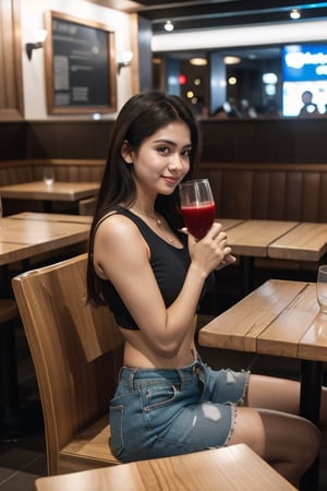 ultra realistic, natural face and body structure, full body shot, she is a beautiful 21 year old indian girl, clear forehead, shot from a distance, india background, looking aesthetic, she is in a restaurant and sipping juice with straw, night time, there are other foods on table, she is wearing loose and baggy full lower , wearing crop-top, there are many families in the restaurant 