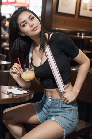 ultra realistic, natural face and body structure, full body shot, she is a beautiful 21 year old indian girl, clear forehead, shot from a distance, india background, looking aesthetic, she is in a restaurant and sipping juice with straw, night time, there are other foods on table, she is wearing loose and baggy fully-covered lower, wearing crop-top, there are many families in the restaurant 