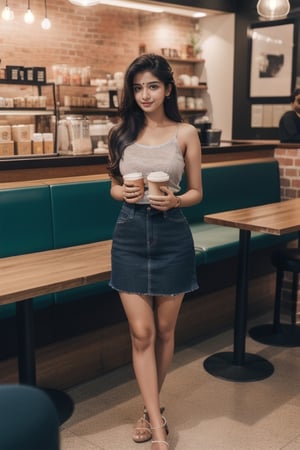 Ultra realistic , full body shot, a beautiful 21 year old indian girl having a coffee in a cafe,