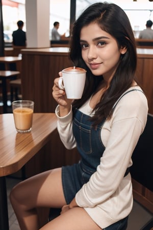 Ultra realistic,  full body shot,  natural face and body structure,  she is having coffee in a cafe , she is a 21 year old indian girl, background Patna 