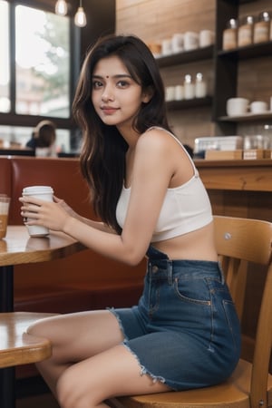 Ultra realistic , full body shot, a beautiful 21 year old indian girl having a coffee in a cafe,
