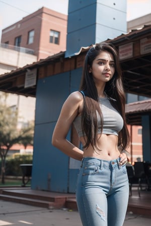 ultra realistic, natural face and body structure, full body shot, she is a beautiful 21 year old indian girl, she is in standing pose to click pics in college, clear forehead, shot from a distance, india background, looking aesthetic, she is wearing loose and high-waisted jeans , wearing crop-top,