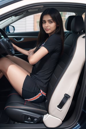 Ultra realistic,  full body shot,  natural face and body structure,  she is  in car, she is a 21 year old indian girl, background Patna 