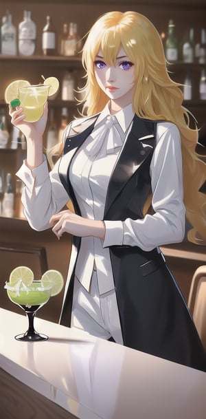 1girl,(yang xiao long in a cantina with a margarita drink), (black butler suit), (white shirt), purple eyes, big breasts,