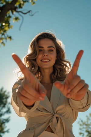 Masterpiece, top quality, high definition, artistic composition, 1 girl, upper body, composition from below, smiling, cotton shirt, looking at me, blue sky, sunlight through trees, casual, portrait, warm, reaching out, high resolution hands and fingers, taking a sexy pose