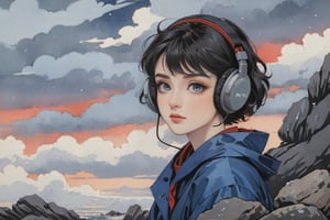 amazing quality, masterpiece, best quality, hyper detailed, extremely detailed, Oil painting, 1 girl with a blue raincoat, short dark hair wearing over-ear headphones with no logo , top view, viewed_from_side, on a stream with rocks, in the background a red sunset,Ukiyo-e,ink,niji5, fujimotostyle, cute eyes and pale skin, standing on the clouds with in the background,Flat vector art