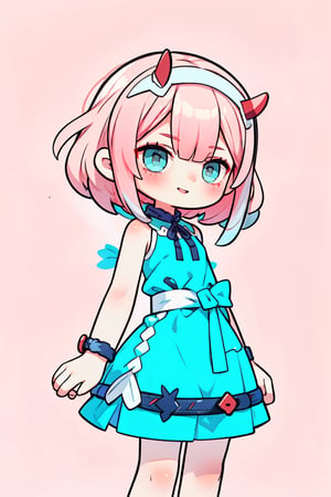 one Female,Chibi character,soft hair, Dark gray eyes,smile, flat chest,BREAK,Simple sleeveless dress,simple skirt,BREAK,aausagi,She has waist-length, long pink hair with straight bangs covering her forehead and a pair of short red horns on her head and a white limiter headband over her horns. She has sharp, turquoise eyes with rings around the pupils and pinkish-red markings on the canthi.aazero2, simple_background