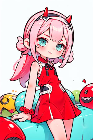 one Female,Chibi character,Educator,soft hair, Dark gray eyes,Intellectual smile, flat chest,BREAK,Simple sleeveless dress,simple skirt,BREAK,aausagi,She has waist-length, long pink hair with straight bangs covering her forehead and a pair of short red horns on her head and a white limiter headband over her horns. She has sharp, turquoise eyes with rings around the pupils and pinkish-red markings on the canthi.,aazero2