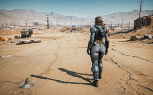  a woman in a blue vault-tech bodysuit walking, detailed pretty face, discarded mechsuit in background, in a desolate empty wasteland, in the fallout wasteland, full body view, full body shot hyperdetailed, fallout style, full body shot 4k, apocalyptic fallout, realistic