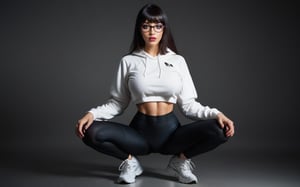 high quality, best quality, ultra-detailed, very aesthetic, source_realistic, 1girl, solo, beautiful 25 year old woman, hazel eyes, she has a body of a fitness model, (large breasts), black hair, {glasses}, bangs, sexy look, hourglass body shape, slim waist, her large breasts are so perfectly crafted, thick thighs smooth to perfection, wearing a cropped hoodie, sports leggings, sneakers, full-body_portrait, best quality, masterpiece, ultra detailed, illustrated, dynamic angle, detailed lighting, ray tracing, realistic lighting effects, (((tighs to head focus))), raw, photo, realistic