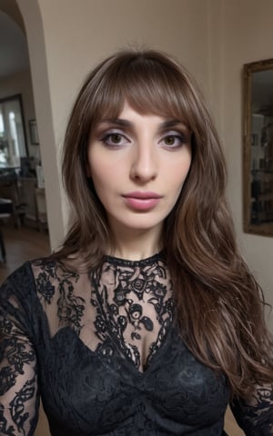 photo of a 35 years old mature beautiful goth female with long brown hair, brown eyes, gorgeous face, indoor, taking a selfie, (8k, RAW photo, best quality, ultra high res, depth of field:1.1), (absurdres, intricate, photorealistic, masterpiece, ultra-detailed, Unreal Engine:1.3)