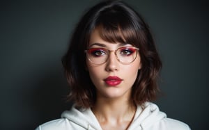 high quality, best quality, ultra-detailed, very aesthetic, source_realistic, 1girl, solo, beautiful 25 year old woman, hazel eyes, detailed face, eyeshadow, eyeliner, brown eyes, red lipstick, cat eyeliner, beautiful lips, she has a body of a fitness model, (large chest), black hair, (glasses), bangs, sexy look, hourglass body shape, slim waist, her large boobs are perfectly crafted, thick thighs smooth to perfection, wearing a cropped hoodie, sports leggings, sneakers, full-body_portrait, best quality, masterpiece, ultra detailed, dynamic angle, detailed lighting, ray tracing, realistic lighting effects, (((tighs to head focus))), raw, photo, realistic