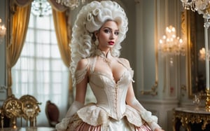 cinematic photo, full body shot, gorgeous Georgian era woman, shoulders back, head held high, grand elaborate white powdered wig, towering wig with curls and waves, delicate ornaments, well-defined eyebrows, subtle rouge cheeks and kohl, delicate lace ruffle, silk skirt. lavish Georgian ballroom, crystal chandeliers, gilded furnishings. 35mm photograph, film, bokeh, professional, 4k, highly detailed