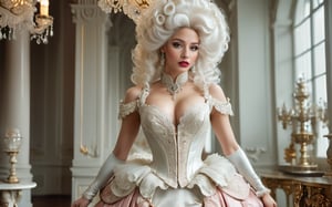 cinematic photo, full body shot, gorgeous Georgian era woman, shoulders back, head held high, grand elaborate white powdered wig, towering wig with curls and waves, delicate ornaments, well-defined eyebrows, subtle rouge cheeks and kohl, delicate lace ruffle, silk skirt. lavish Georgian ballroom, crystal chandeliers, gilded furnishings. 35mm photograph, film, bokeh, professional, 4k, highly detailed