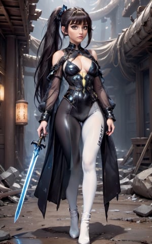 (full body shot: 1.25). A girl wearing black combat suit inspired by furisode and ornate gothic armor, high slit and white (leggings:1.14) accentuating her beautiful thigh. A 26-years-old ethereal breathtakingly glamorous girl, black hair, long pony tail, slim and tall perfect model body, beautiful long legs, An ethereal beautiful face, bright brown eyes, translucent skin texture, porcelain skin tone. award-winning, hyperrealistic:1.2, crystal clear, 8k uhd, high resolution, holding sword, perfect detail, intricate detail, raw photo, photo_b00ster BREAK In a chaotic space ship full of ghost and alien, cg unity, destruction, wrecked