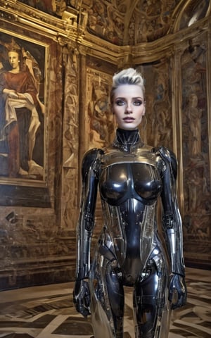 Upright robot woman with half-human, half-machine features stands proudly in a dimly lit ancient gallery of paintings and marble, surrounded by religious symbolism. Her toxic narcissistic personality disorder radiates through her artificially enhanced features, as she poses against a backdrop of quantum wavetracing patterns. Dressed in high-fashion attire, her electronic hardware and semiconductor components glisten in the subtle light. The image is rendered with stunning quality, reminiscent of an analogue film still, complete with intentional grain and subtle imperfections. Her perfect facial skin and calculated expression command attention, as if she's about to burst forth from the frame like a pixelated 3D model.