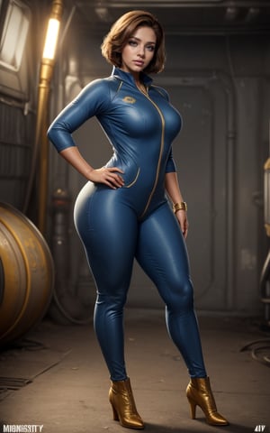 (masterpiece, best quality, realistic), full body, wide shot, 1girl, (Fallout 4 Vault girl), vault tec, sexy girl, beautiful, short blonde hair, smiling with closed mouth, (body tight jumpsuit), (deep blue jumpsuit with golden details from vault 111) (jumpsuit with long sleaves and frontal zipper, no cutouts), combat boots, pipboy on wrist, (vault girl), vault 111, ((curvy body)) defined body, good curves, good lighting, very detailed face, eyes highly detailed, sexy random pose, fallout