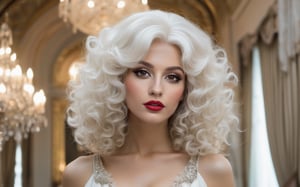 cinematic photo , gorgeous Georgian era woman, shoulders back, head held high, grand elaborate white powdered wig, towering wig with curls and waves, delicate ornaments, well-defined eyebrows, subtle rouge cheeks and kohl, delicate lace ruffle, silk skirt. lavish Georgian ballroom, crystal chandeliers, gilded furnishings. 35mm photograph, film, bokeh, professional, 4k, highly detailed