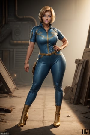 (masterpiece, best quality, realistic), full body, wide shot, 1girl, (Fallout 4 Vault girl), vault tec, sexy girl, beautiful, short blonde hair, smiling with closed mouth, (body tight jumpsuit), (deep blue jumpsuit with golden details from vault 111) (jumpsuit with long sleaves and frontal zipper, no_cutouts), combat boots, pipboy on wrist, (vault girl), vault 111, ((curvy body)) defined body, long legs, good lighting, very detailed face, eyes highly detailed, random sexy pose, fallout