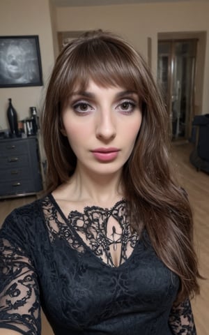 photo of a 35 years old mature beautiful goth female with long brown hair, brown eyes, gorgeous face, indoor, taking a selfie, (8k, RAW photo, best quality, ultra high res, depth of field:1.1), (absurdres, intricate, photorealistic, masterpiece, ultra-detailed, Unreal Engine:1.3)