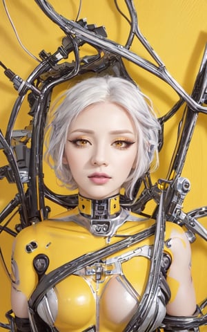 detailed photo, in front of the yellow wall, cyborg woman, connected by cable, Twisted cable and wire and LED, Charming eyes, bodypunk PLC robot, silver motor head, white hair, short hair, 80 degree field of view, (Yellow background:1.5), Deru, 