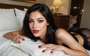 high quality, best quality, ultra-detailed, very aesthetic, source_realistic, 1girl, solo, Long black hair, swept bangs, curtained hair, dark brown eyes, dark makeup, cat eyeliner, red lipstick, beautiful lips, red long nails, fit body, toned body, lithe body, supple body, pert d cups, suntaned skin, tanlines, birthmarks, wearing underbust corset, wearing sheer lace bolero, wearing latex skirt, wearing chocker necklace, lovehotel, LHbedpanel, bed, pillow, table, couch, indoors, happy, giddy, from above, (((tighs to head focus))), raw, photo, realistic