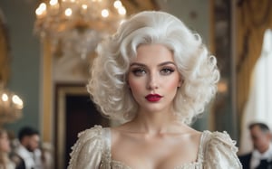 cinematic photo , gorgeous Georgian era woman, shoulders back, head held high, grand elaborate white powdered wig, towering wig with curls and waves, delicate ornaments, well-defined eyebrows, subtle rouge cheeks and kohl, delicate lace ruffle, silk skirt. lavish Georgian ballroom, crystal chandeliers, gilded furnishings. 35mm photograph, film, bokeh, professional, 4k, highly detailed