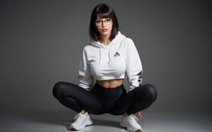 high quality, best quality, ultra-detailed, very aesthetic, source_realistic, 1girl, solo, beautiful 25 year old woman, hazel eyes, she has a body of a fitness model, (large breasts), black hair, {glasses}, bangs, sexy look, hourglass body shape, slim waist, her large breasts are so perfectly crafted, thick thighs smooth to perfection, wearing a cropped hoodie, sports leggings, sneakers, full-body_portrait, best quality, masterpiece, ultra detailed, illustrated, dynamic angle, detailed lighting, ray tracing, realistic lighting effects, (((tighs to head focus))), raw, photo, realistic