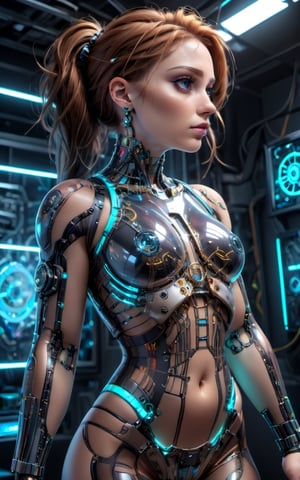 MasterpieceComposition is complex and layered,extremely meticulous,real 8k,A woman Cyborg,with her Rib Cage made of only glass. Neon cables and gears inside the glass body
