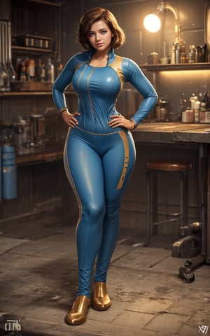 (masterpiece, best quality, realistic), full body, wide shot, 1girl, (Fallout 4 Vault girl), vault tec, sexy girl, beautiful, short blonde hair, smiling with closed mouth, (body tight jumpsuit), (deep blue jumpsuit with golden details from vault 111) (jumpsuit with long sleaves and frontal zipper, no cutouts), combat boots, pipboy on wrist, (vault girl), vault 111, ((curvy body)) defined body, good curves, good lighting, very detailed face, eyes highly detailed, sitting on floor, fallout