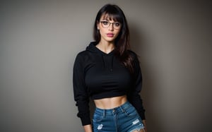 high quality, best quality, ultra-detailed, very aesthetic, source_realistic, 1girl, solo, beautiful 25 year old woman, hazel eyes, she has a body of a fitness model, (large breasts), black hair, {glasses}, bangs, sexy look, hourglass body shape, slim waist, her large breasts are so perfectly crafted, thick thighs smooth to perfection, wearing a hoodie, denim shorts, high leggings, sneakers, , full-body_portrait, best quality, masterpiece, ultra detailed, illustrated, dynamic angle, detailed lighting, ray tracing, realistic lighting effects, (((tighs to head focus))), raw, photo, realistic