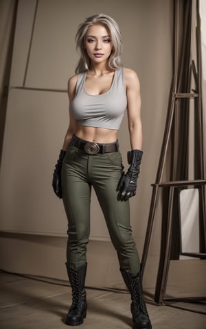 1girl, solo, medium breast, seductive smirk, makeup, long eyelashes, brown eyes, beauty, cute, long hair, white hair, slicked hair, (((black tight tank top))), (((green military pants))), (((military belt))), (((grey gloves))), (((military boots))), full body, seductive pose, standing, masterpiece, photo r3al, p3rfect boobs,cleavage,