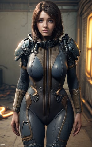 1girl, (8k, 3D, UHD, highly detailed, masterpiece, professional photography), Intricately detailed, intricate complexity, 8k resolution, octane render, photoreal, hyperreal, masterpiece, perfect anatomy,{{{highres}}}, {cinematic lighting}, (brunette), sexy body, {{{classic blue vault-tech jumpsuit}}}, {{{detailed skin}}}, "111" stamp on back, fallout_4