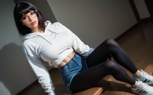 high quality, best quality, ultra-detailed, very aesthetic, source_realistic, 1girl, solo, beautiful 25 year old woman, hazel eyes, she has a body of a fitness model, (large breasts), black hair, {glasses}, bangs, sexy look, hourglass body shape, slim waist, her large breasts are so perfectly crafted, thick thighs smooth to perfection, wearing a hoodie, denim shorts, high leggings, sneakers, full-body_portrait, best quality, masterpiece, ultra detailed, illustrated, dynamic angle, detailed lighting, ray tracing, realistic lighting effects, (((tighs to head focus))), raw, photo, realistic