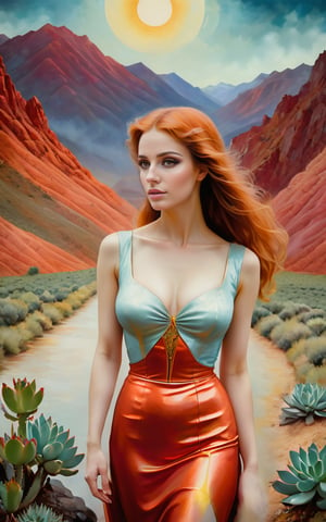 Best quality, masterpiece, realistic, 1girl, dramatic 50s illustration style, epic Tarot card of an elegant, landscape of a ([USA|Palikir]:1.3) from inside of a Freeway, it is very Sensual and Delightful, Red mountains with Succulent, Clear skies, detailed, masterpiece, Hopeful, Fauvism, Dramatic spotlight, F/1.8, Film Washi, Encaustic Paint, Impressionism, RTX, adobe lightroom, (magic realism art by Catherine Hyde:1.3) , (Odd Nerdrum:1.0), photo r3al, detailmaster2,
