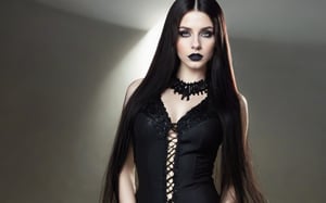 Best quality, masterpiece, (realistic:1.4), 1girl, highly detailed, gothicstyle, very long hair, gothic body, goth makeup, beautiful eyes, bright colors, high contrast, vivid lighting,  brown eyes, gothic, black lips, black nails, clevage, sexy dress, black dress. centered composition, photo r3al, detailmaster2,