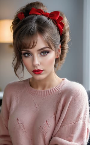 Best quality, masterpiece, realistic, 1girl, highly detailed, (red lipstick, blush)), photo of a woman, RAW, ((sweater, home office, bedroom, broadcaster microphone)), ((twintails, short hair)), ((detailed skin, detailed face):1.2), ((detailed eyes, beautiful eyes)), 8k uhd, dslr, soft lighting, high quality, film grain, Fujifilm XT3 sharp focus, f 5.6,((red lipstick, pale skin)) , smiling, photo r3al, detailmaster2,