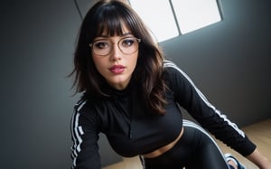 high quality, best quality, ultra-detailed, very aesthetic, source_realistic, 1girl, solo, beautiful 25 year old woman, hazel eyes, she has a body of a fitness model, (large breasts), black hair, {glasses}, bangs, sexy look, hourglass body shape, slim waist, her large breasts are so perfectly crafted, thick thighs smooth to perfection, wearing a cropped hoodie, sports leggings, sneakers, full-body_portrait, best quality, masterpiece, ultra detailed, illustrated, dynamic angle, detailed lighting, ray tracing, realistic lighting effects, (((tighs to head focus))), raw, photo, realistic