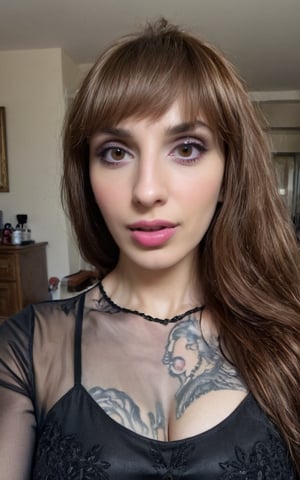 photo of a 35 years old mature beautiful goth female with long brown hair, brown eyes, gorgeous face, indoor, taking a selfie, (8k, RAW photo, best quality, ultra high res, depth of field:1.1), (absurdres, intricate, photorealistic, masterpiece, ultra-detailed, Unreal Engine:1.3)