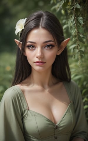 score_9, score_8_up, score_7_up, ultra quality, masterpiece, realistic, (ultra-detailed),(best shadow), (detailed eyes), 1girl, black hair, brown eyes, outdoors, flower, sitting, upper body, portrait, fantasy style, green dress, elven girl, long pointy ears, solo, OverallDetail