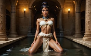 high quality, best quality, ultra-detailed, very aesthetic, source_realistic, 1girl, solo, full body shot, (desirable queen from ancient egypt) young woman, slender build, black hairbun hair, brown eyes, tan skin, egyptian makeup, wearing Linen bandeau top with gold embroidery, linen loincloth, beaded collar necklace, gold anklets with jingling bells, set in ancient egypt era, in Lotus Pond, A serene pond filled with blooming lotus flowers, surrounded by fragrant herbs and reeds, with stone steps leading down for a refreshing dip, and small wooden boats available for leisurely rides, at night, smiling at the viewer, (((tighs to head focus))), raw, photo, realistic