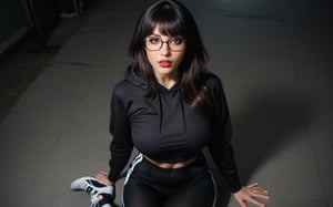 high quality, best quality, ultra-detailed, very aesthetic, source_realistic, 1girl, solo, beautiful 25 year old woman, hazel eyes, she has a body of a fitness model, (large breasts), black hair, {glasses}, bangs, sexy look, hourglass body shape, slim waist, her large breasts are so perfectly crafted, thick thighs smooth to perfection, wearing a hoodie, high leggings, sneakers, full-body_portrait, best quality, masterpiece, ultra detailed, illustrated, dynamic angle, detailed lighting, ray tracing, realistic lighting effects, (((tighs to head focus))), raw, photo, realistic