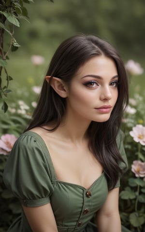 score_9, score_8_up, score_7_up, ultra quality, masterpiece, realistic, (ultra-detailed),(best shadow), (detailed eyes), 1girl, black hair, brown eyes, outdoors, flower, sitting, upper body, portrait, fantasy style, green dress, elven girl, long pointy ears, solo, OverallDetail