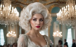 cinematic photo, upper body shot, gorgeous Georgian era woman, shoulders back, head held high, grand elaborate white powdered wig, towering wig with curls and waves, delicate ornaments, well-defined eyebrows, subtle rouge cheeks and kohl, delicate lace ruffle, silk skirt. lavish Georgian ballroom, crystal chandeliers, gilded furnishings. 35mm photograph, film, bokeh, professional, 4k, highly detailed