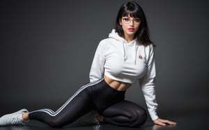 high quality, best quality, ultra-detailed, very aesthetic, source_realistic, 1girl, solo, beautiful 25 year old woman, hazel eyes, she has a body of a fitness model, (large breasts), black hair, {glasses}, bangs, sexy look, hourglass body shape, slim waist, her large breasts are so perfectly crafted, thick thighs smooth to perfection, wearing a cropped hoodie, sports leggings, sneakers, full-body_portrait, best quality, masterpiece, ultra detailed, illustrated, dynamic angle, detailed lighting, ray tracing, realistic lighting effects, (((tighs to head focus))), raw, photo, realistic