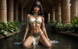 high quality, best quality, ultra-detailed, very aesthetic, source_realistic, 1girl, solo, full body shot, (desirable queen from ancient egypt) young woman, slender build, black long bob hair, bangs, brown eyes, tan skin, egyptian makeup, wearing Linen bandeau top with gold embroidery, linen loincloth, beaded collar necklace, gold anklets with jingling bells, set in ancient egypt era, in Lotus Pond, A serene pond filled with blooming lotus flowers, surrounded by fragrant herbs and reeds, with stone steps leading down for a refreshing dip, and small wooden boats available for leisurely rides, at night, smiling at the viewer, (((tighs to head focus))), raw, photo, realistic