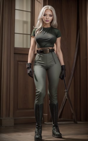 1girl, solo, medium breast, seductive smirk, makeup, long eyelashes, brown eyes, beauty, cute, long hair, white hair, slicked hair, (((black tight top))), (((green military pants))), (((military belt))), (((grey gloves))), (((military boots))), full body, seductive pose, standing, masterpiece, photo r3al, p3rfect boobs,cleavage,