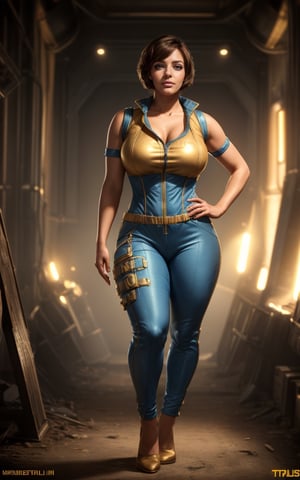 (masterpiece, best quality, realistic), full body, wide shot, 1girl, (Fallout 4 Vault girl), vault tec, sexy girl, beautiful, short blonde hair, smiling with closed mouth, (body tight jumpsuit), (deep blue jumpsuit with golden details from vault 111) (jumpsuit with long sleaves and frontal zipper, no_cutouts), combat boots, pipboy on wrist, (vault girl), vault 111, ((curvy body)) defined body, good curves, good lighting, very detailed face, eyes highly detailed, random sexy pose, fallout