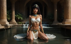 high quality, best quality, ultra-detailed, very aesthetic, source_realistic, 1girl, solo, full body shot, (desirable queen from ancient egypt) young woman, slender build, black long bob hair, bangs, brown eyes, tan skin, egyptian makeup, wearing Linen bandeau top with gold embroidery, linen loincloth, beaded collar necklace, gold anklets with jingling bells, set in ancient egypt era, in Lotus Pond, A serene pond filled with blooming lotus flowers, surrounded by fragrant herbs and reeds, with stone steps leading down for a refreshing dip, and small wooden boats available for leisurely rides, at night, smiling at the viewer, (((tighs to head focus))), raw, photo, realistic