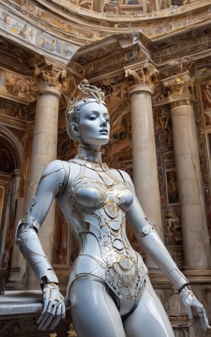 A hauntingly beautiful still-life. A half-human, half-machine robot woman stands upright, her gaze piercing as she dominates the ancient Roman gallery of paintings and marble. Her toxic personality is palpable amidst the ornate columns and frescoes. The air is thick with quantum wavetracing, casting an otherworldly glow on her flawless skin. She's dressed in high-fashion attire, with intricate details echoing electronic computer hardware. Semiconductor patterns dance across her mechanical limbs, as if powered by a pulsing circuit board. A perfect, porcelain-like complexion glows under the soft analog film grain, making her almost ethereal against the rich marble backdrop. The overall aesthetic is a masterclass blend of high-tech and classical art, as if a futuristic goddess had stepped out of a 1950s sci-fi novel and into this breathtaking still-life.